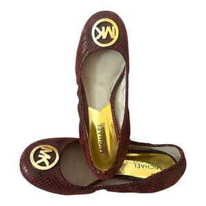 Michael Kors Red Snake Skin Embossed Ballet Flats with Gold Accents